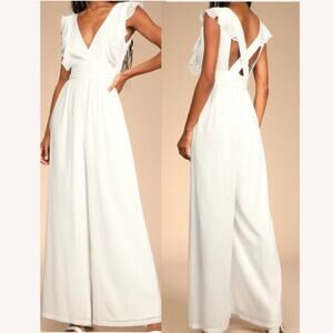 LULU'S SZ XS Love You for a Lifetime White Ruffled Wide-Leg Jumpsuit NEW B93